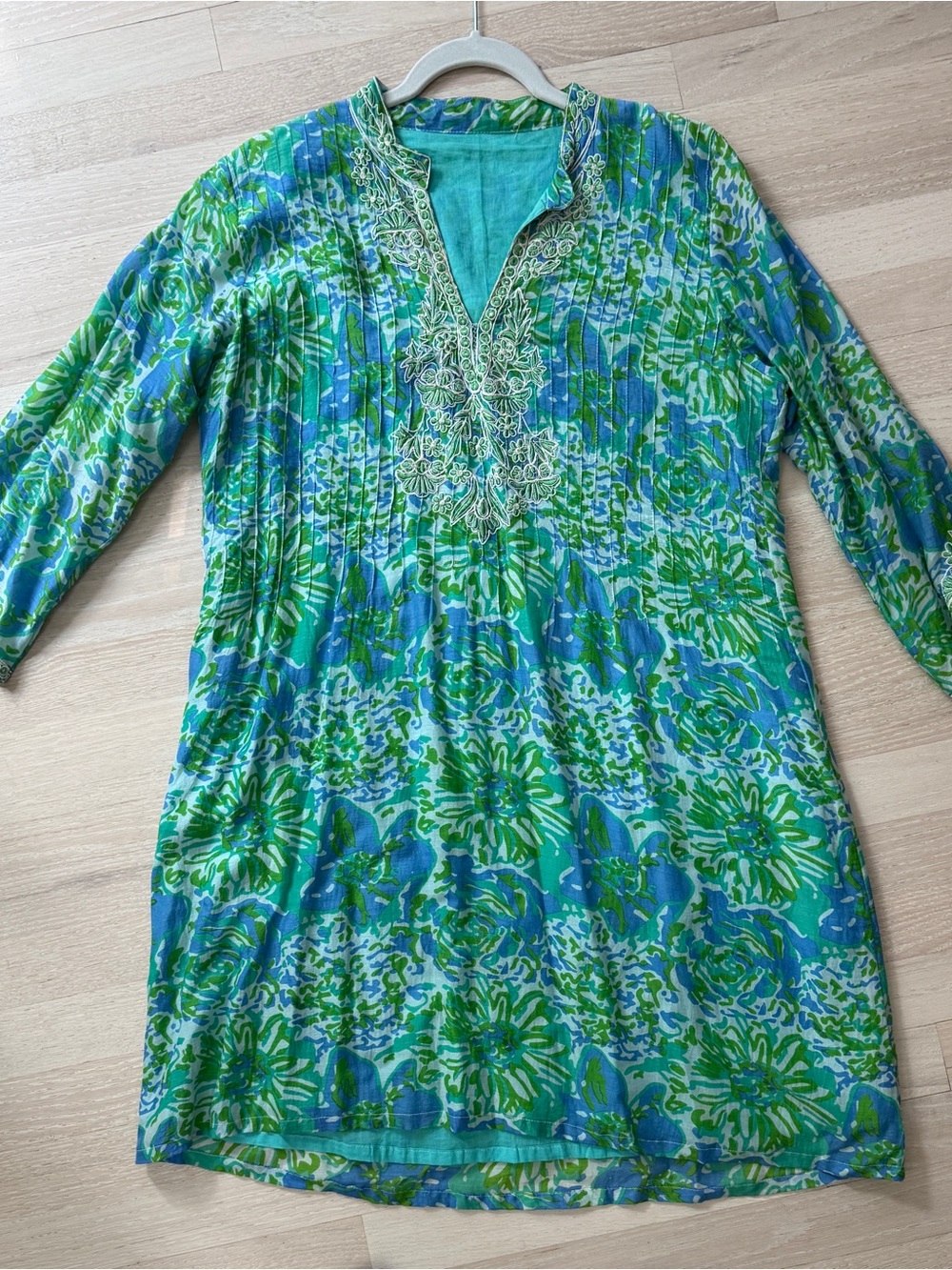 Lilly Pulitzer Blue and Green Floral Long-Sleeve Tunic Dress